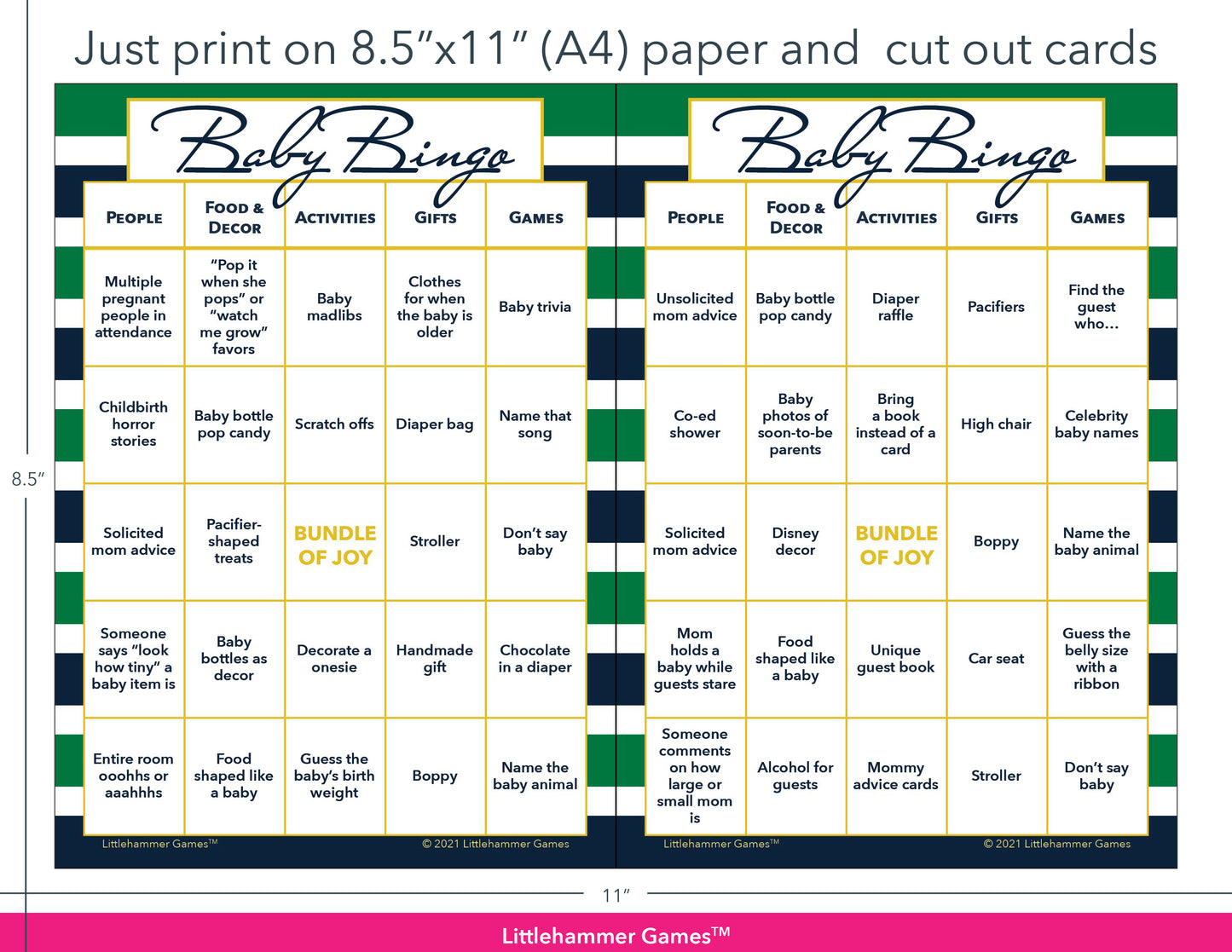 Green and navy-striped Baby Bingo game cards with printing instructions