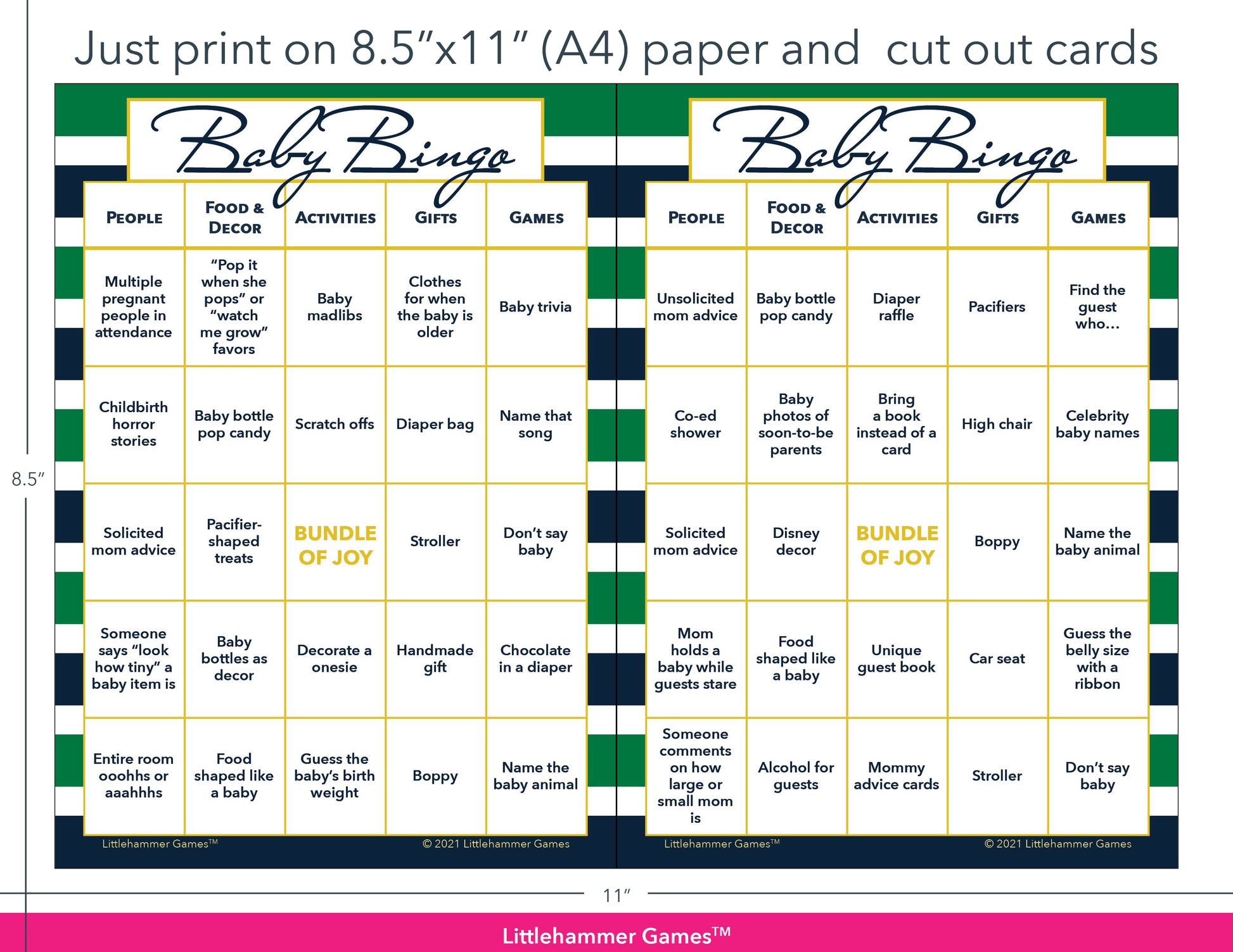 Green and navy-striped Baby Bingo game cards with printing instructions