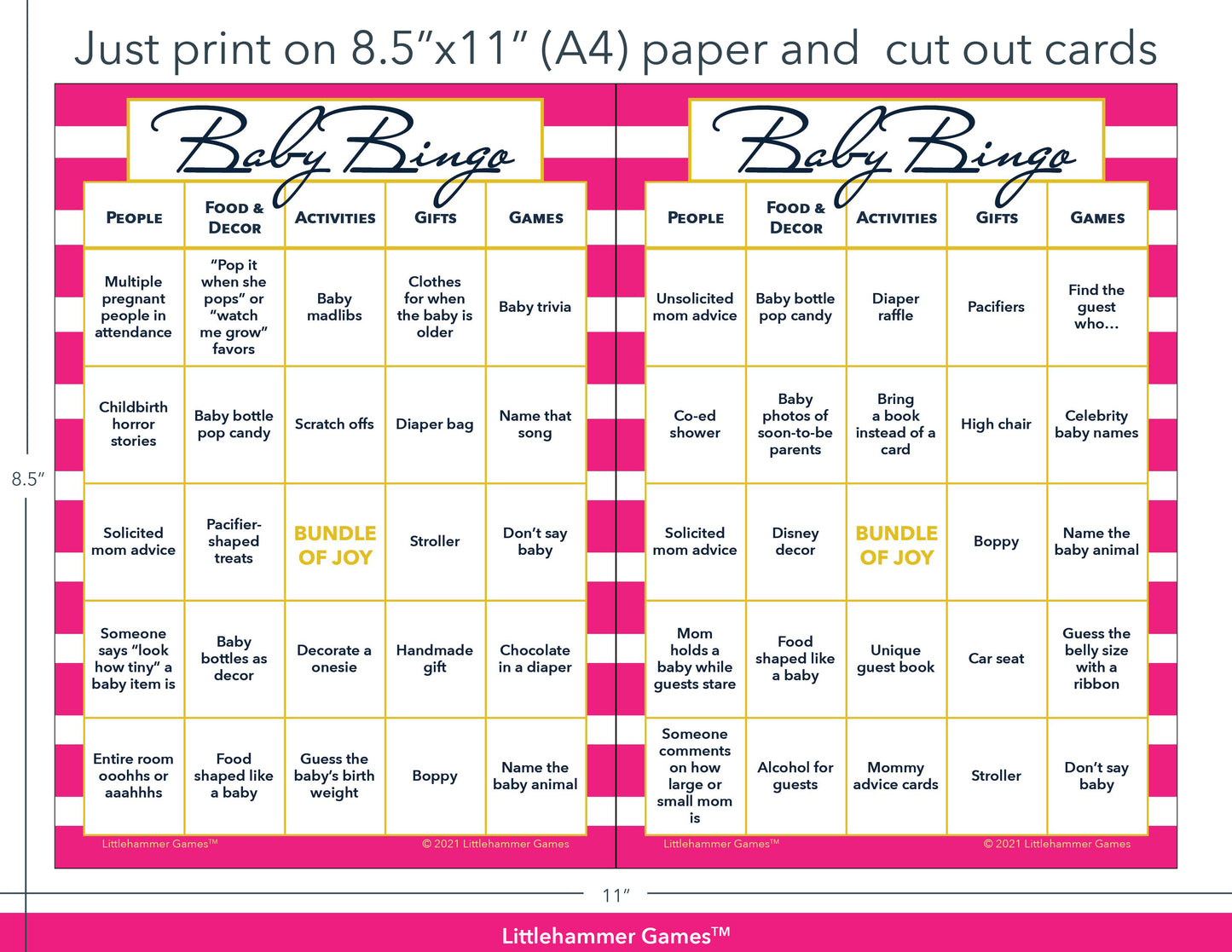 Pink-striped Baby Bingo game cards with printing instructions