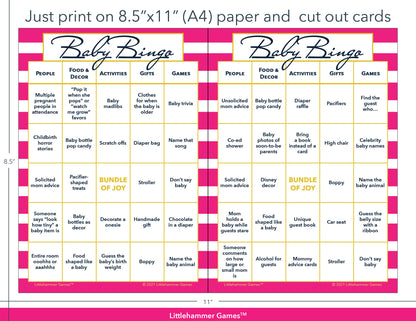Pink-striped Baby Bingo game cards with printing instructions