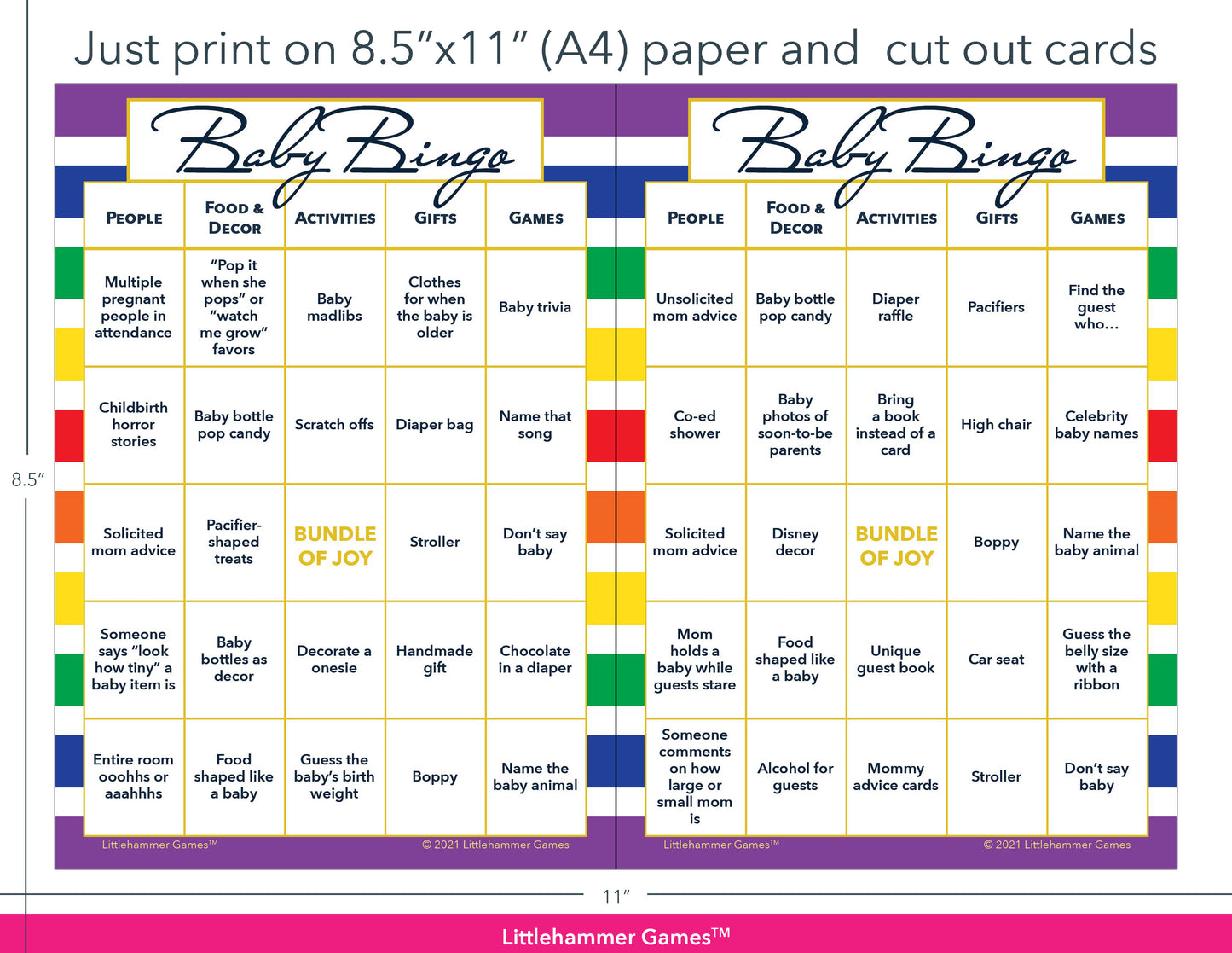 Rainbow-striped Baby Bingo game cards with printing instructions