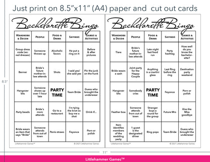 Minimalist black and white Bachelorette Bingo game cards with printing instructions