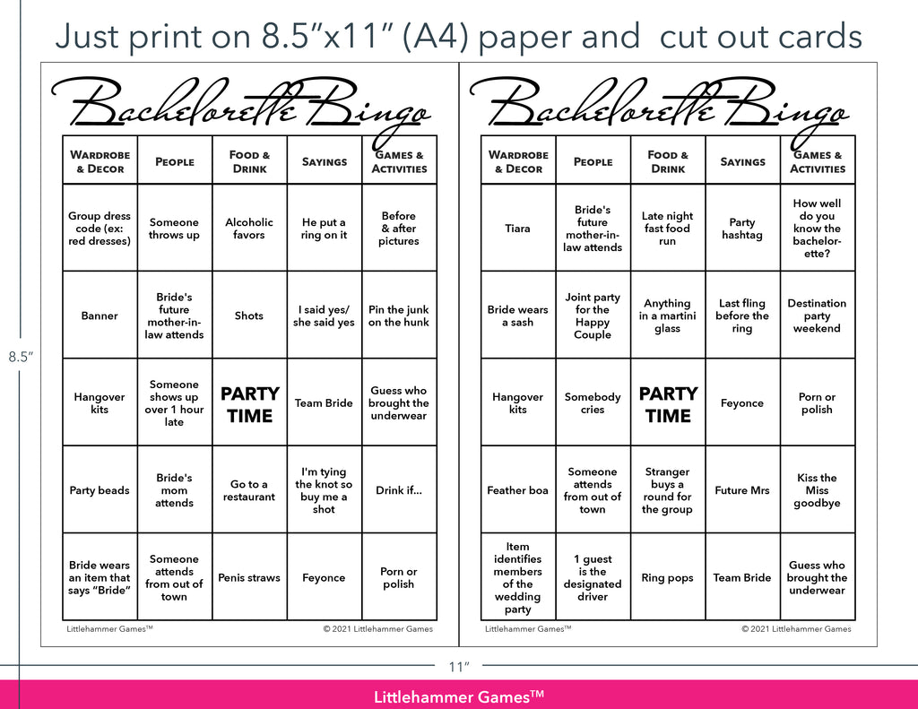 Minimalist black and white Bachelorette Bingo game cards with printing instructions