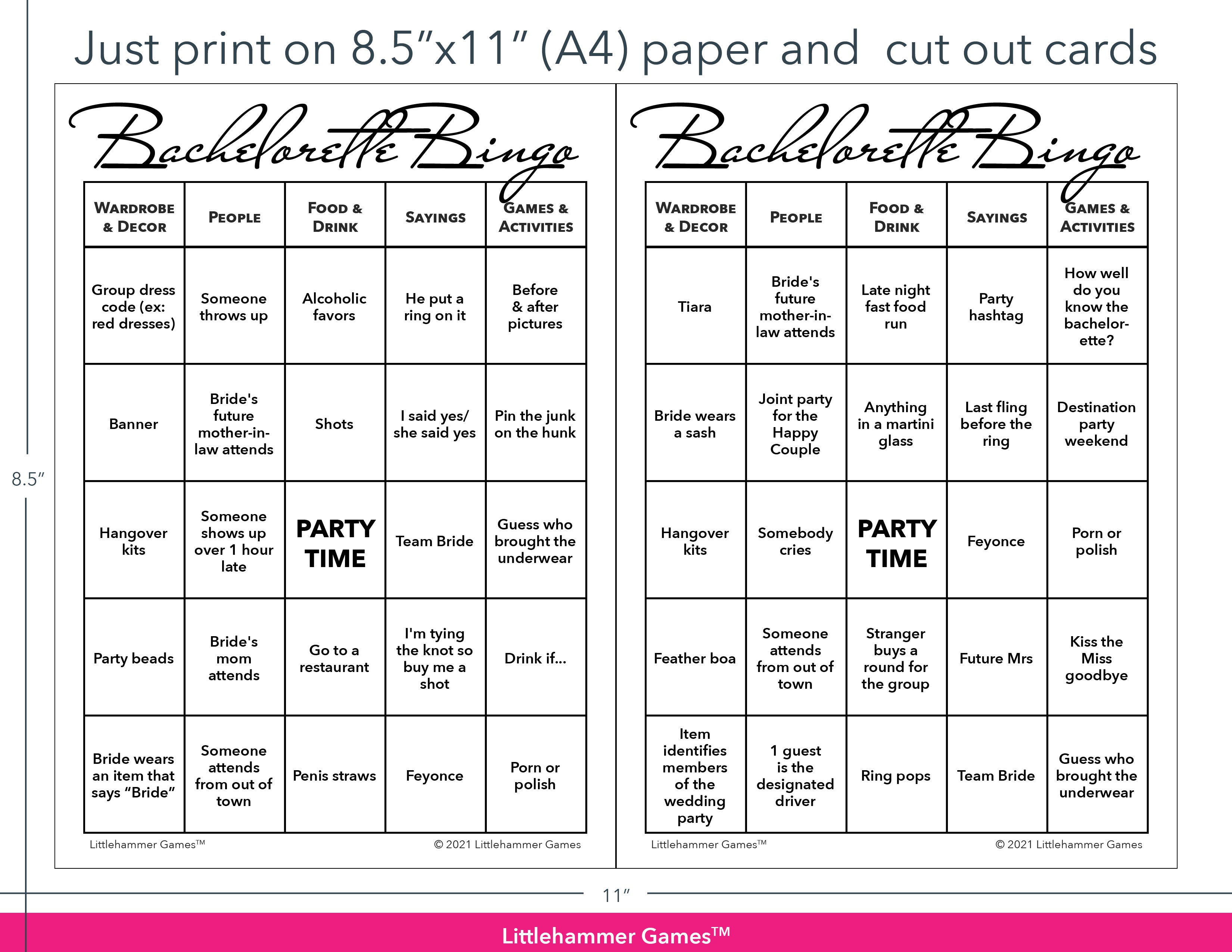 Minimalist black and white Bachelorette Bingo game cards with printing instructions