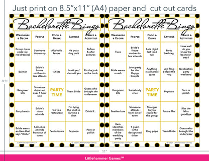 Black and gold polka dot Bachelorette Bingo game cards with printing instructions