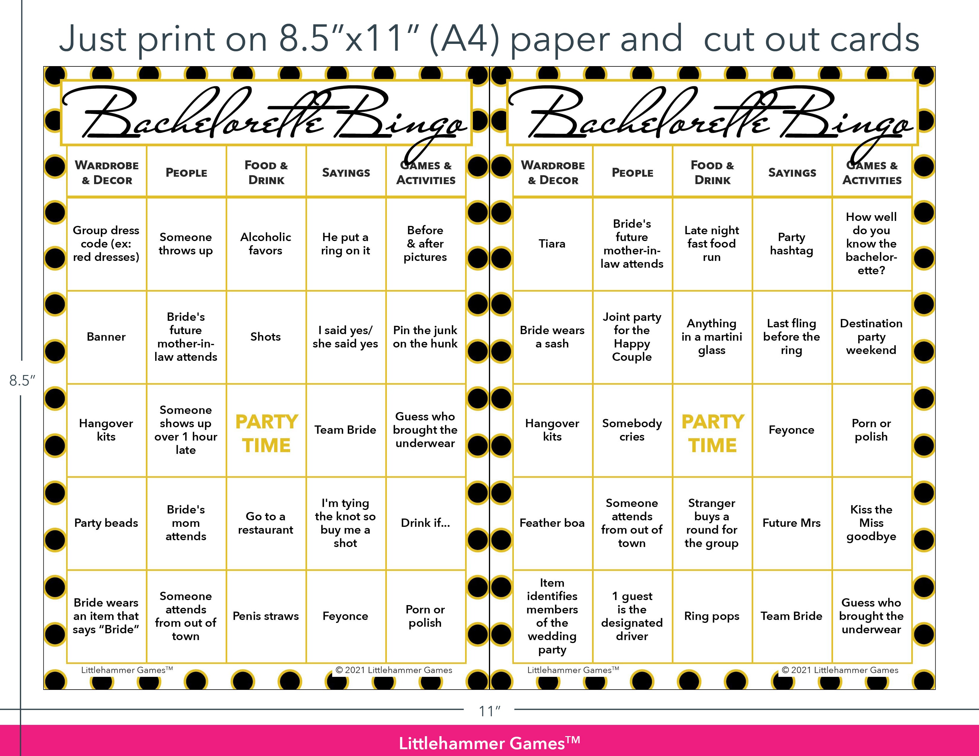 Black and gold polka dot Bachelorette Bingo game cards with printing instructions