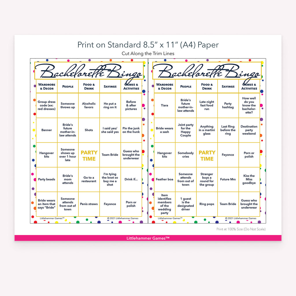 Rainbow polka dot Bachelorette Bingo game cards with printing instructions