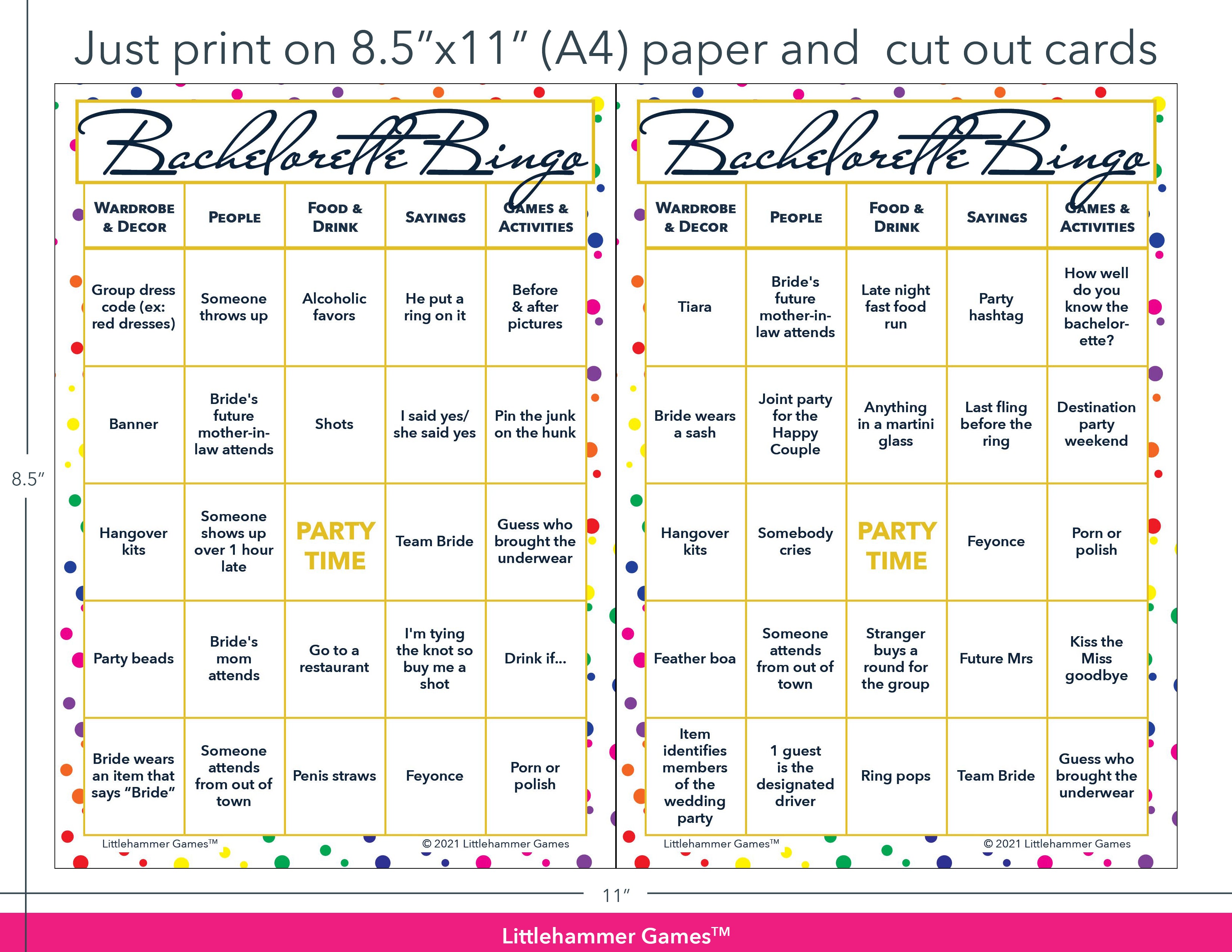 Rainbow polka dot Bachelorette Bingo game cards with printing instructions