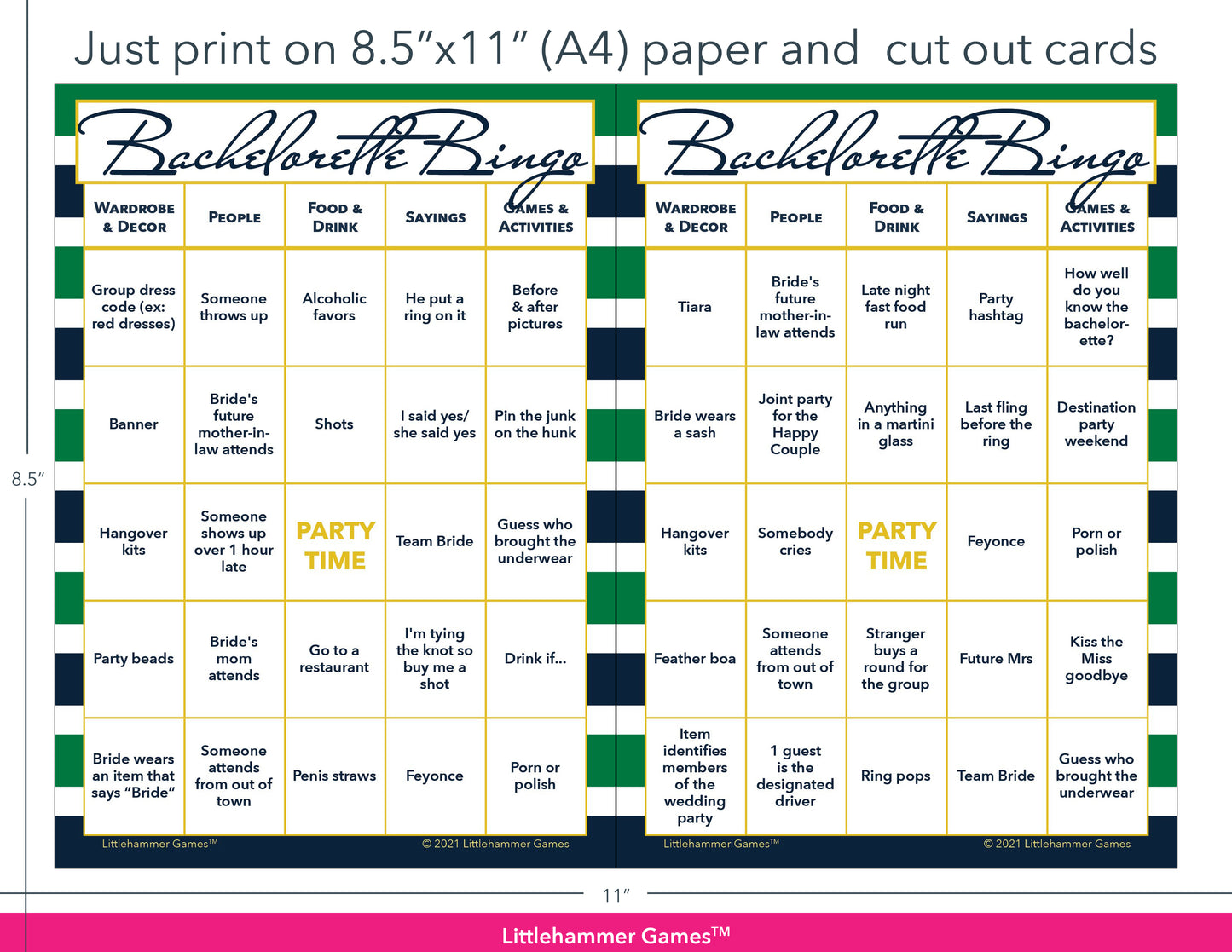 Green and navy-striped Bachelorette Bingo game cards with printing instructions