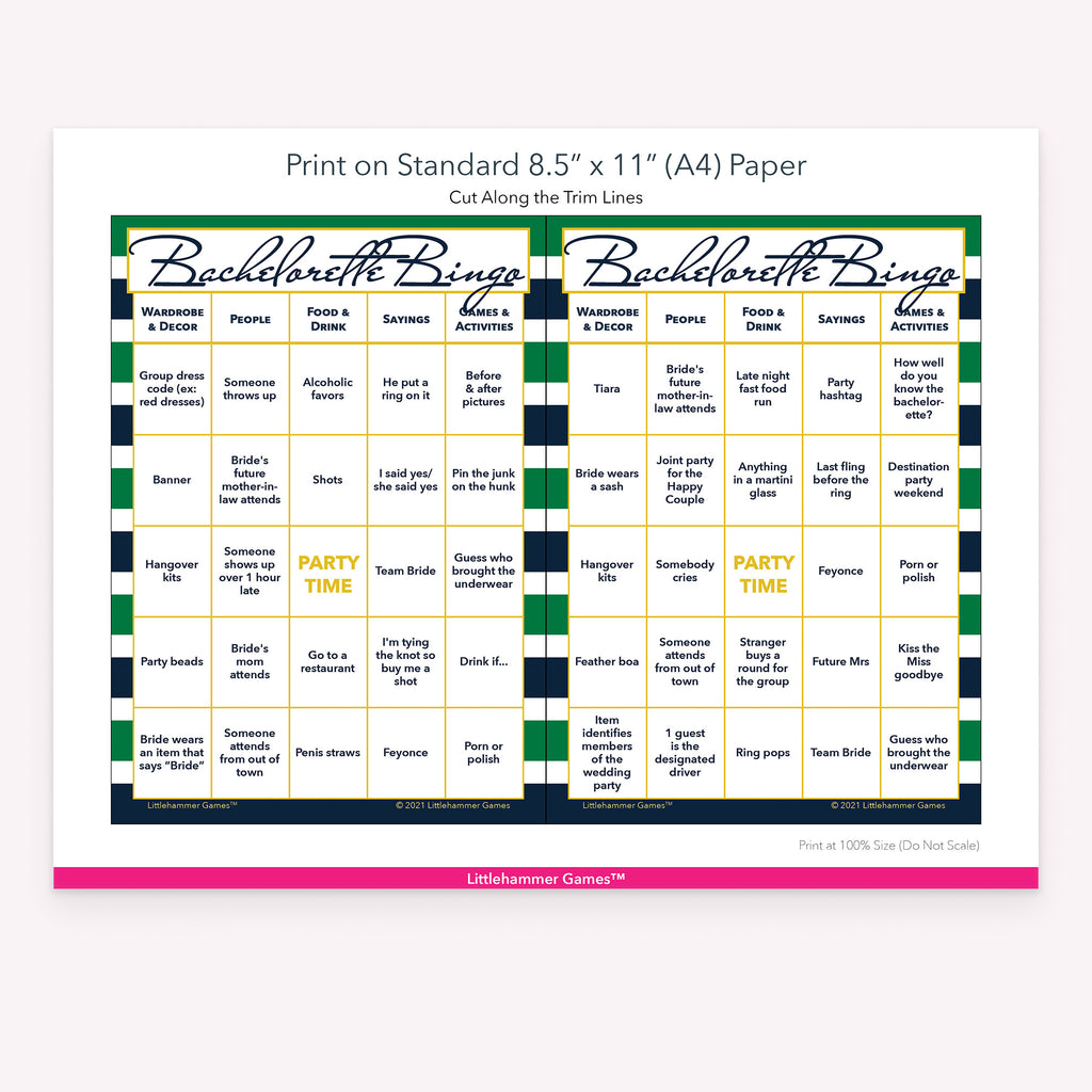 Printable green and navy stripe Bachelorette Bingo game card layout showing US Letter size dimensions and printing information