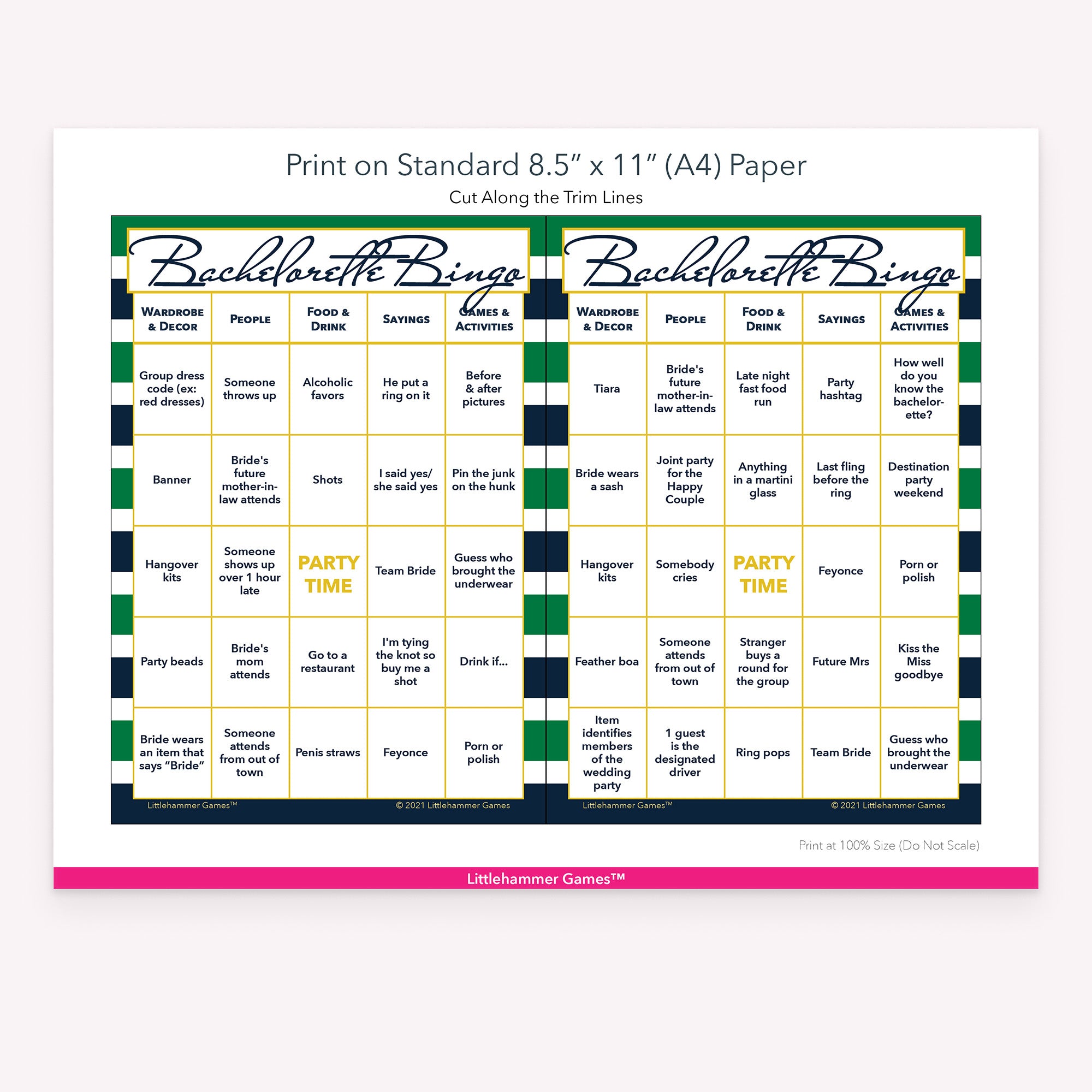 Green and navy-striped Bachelorette Bingo game cards with printing instructions