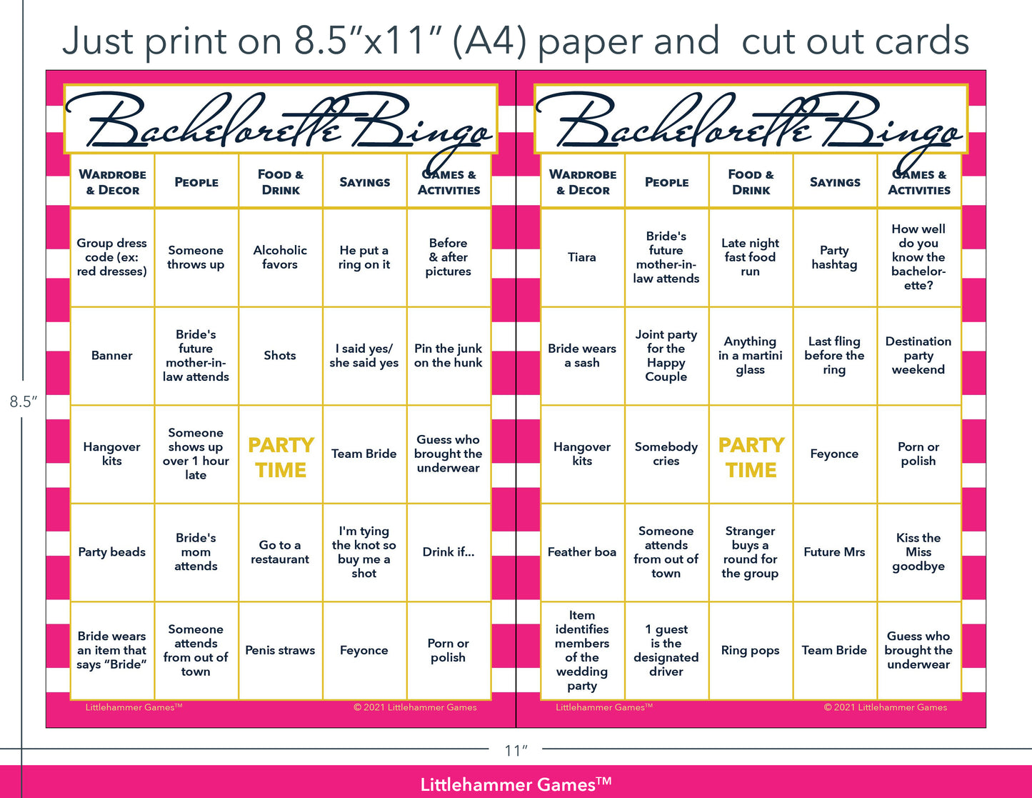 Hot pink-striped Bachelorette Bingo game cards with printing instructions