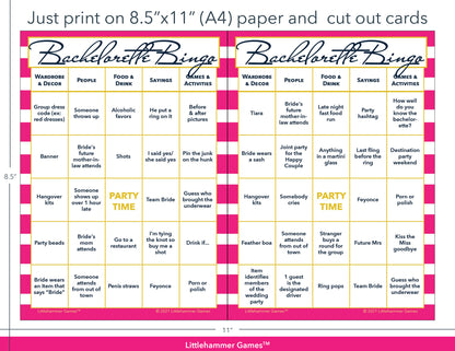 Hot pink-striped Bachelorette Bingo game cards with printing instructions