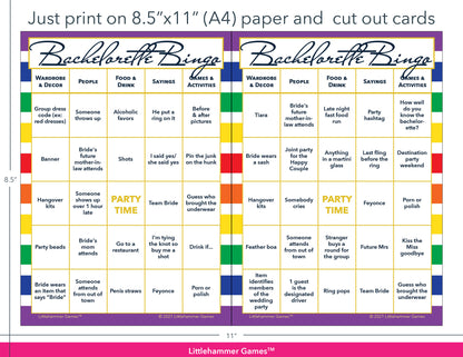 Rainbow striped Bachelorette Bingo game cards with printing instructions