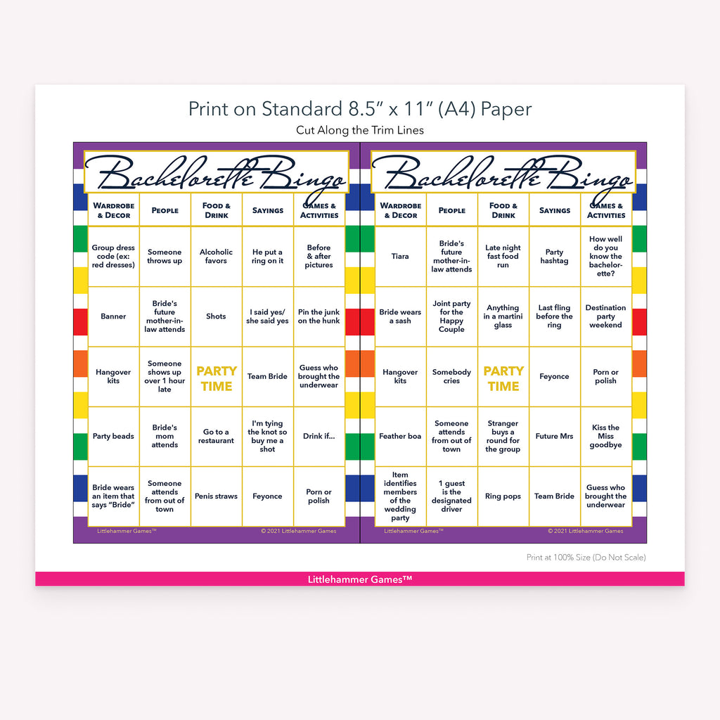 Rainbow striped Bachelorette Bingo game cards with printing instructions