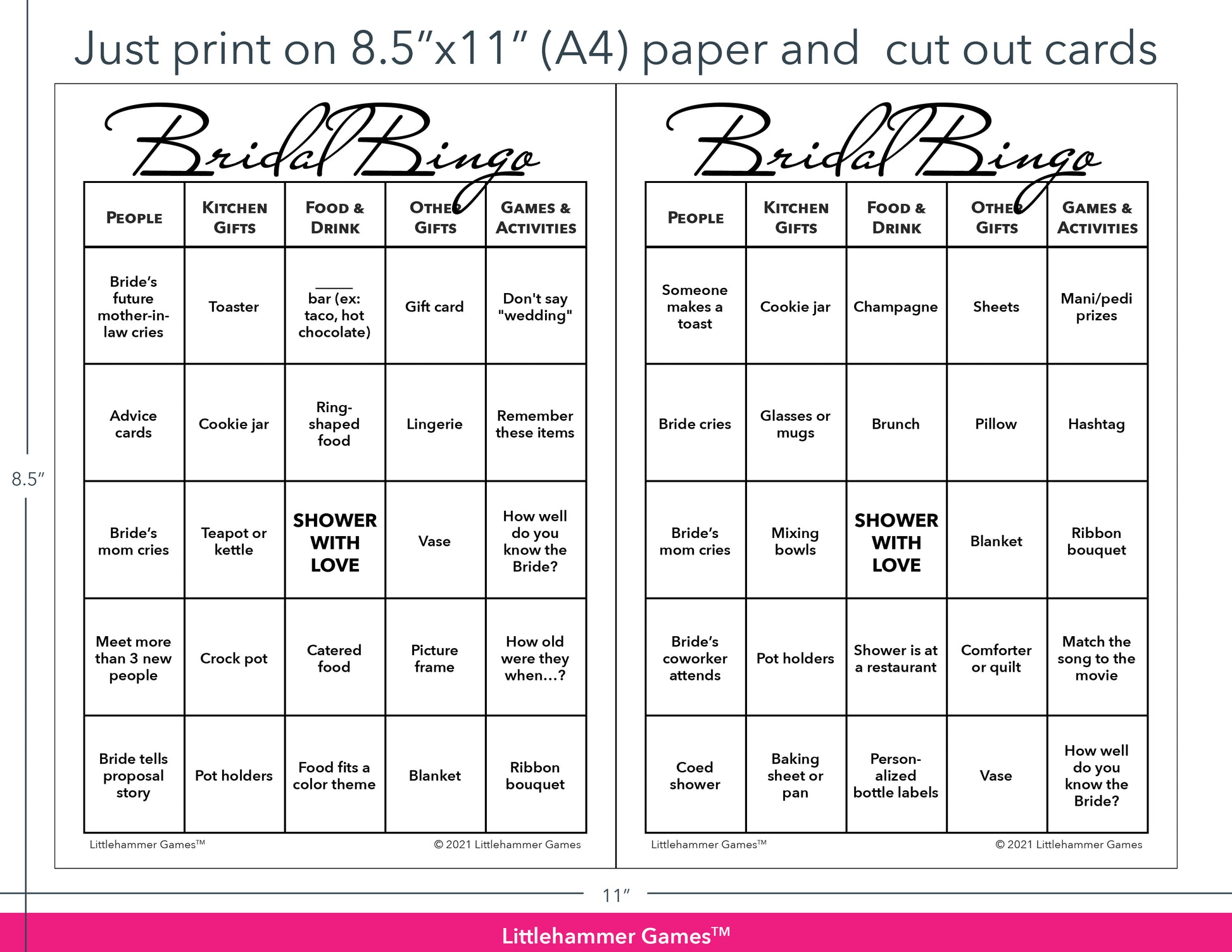 Minimalist black and white Bridal Bingo game cards with printing instructions