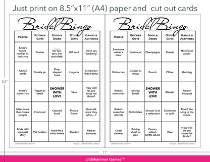 Minimalist black and white Bridal Bingo game cards with printing instructions