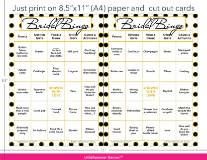 Black and gold polka dot Bridal Bingo game cards with printing instructions