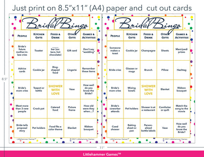 Rainbow polka dot Bridal Bingo game cards with printing instructions