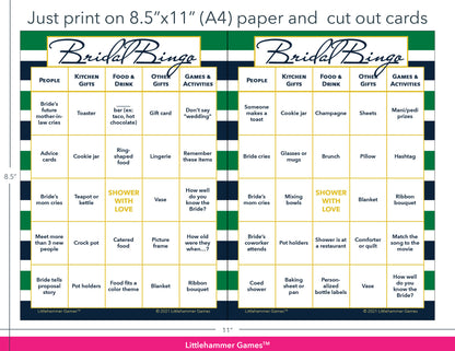 Green and navy-striped Bridal Bingo game cards with printing instructions