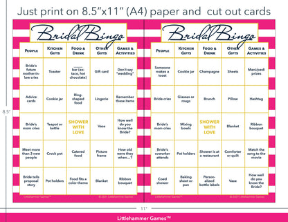 Hot pink-striped Bridal Bingo game cards with printing instructions
