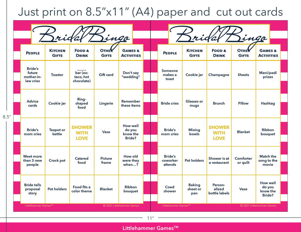 Hot pink-striped Bridal Bingo game cards with printing instructions