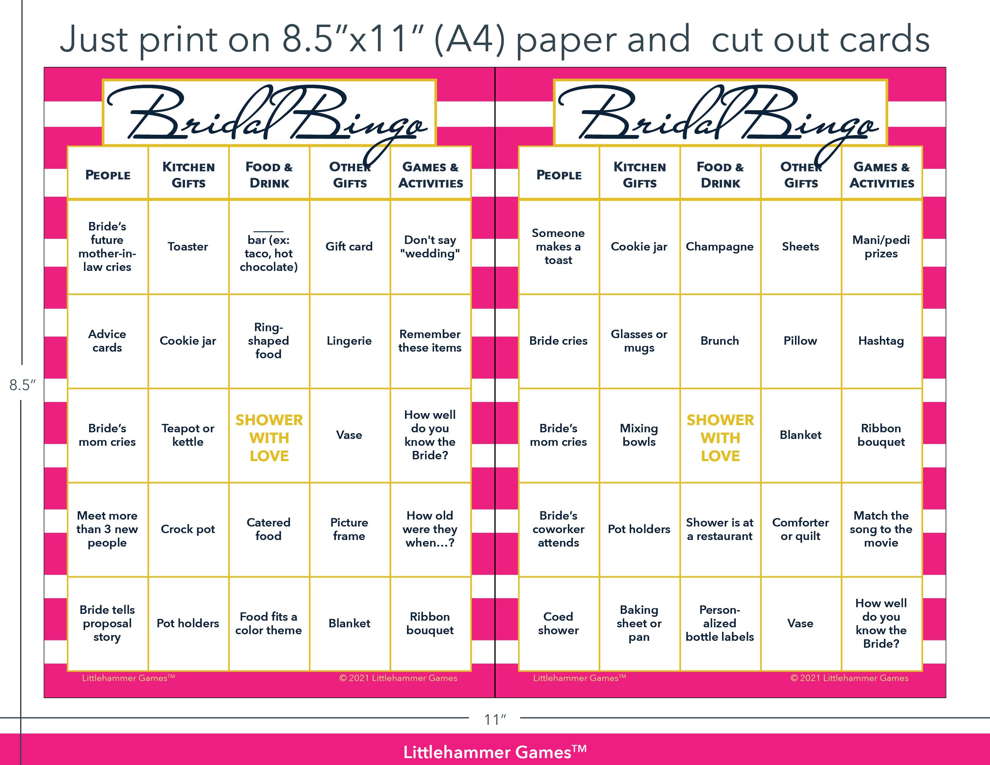 Hot pink-striped Bridal Bingo game cards with printing instructions