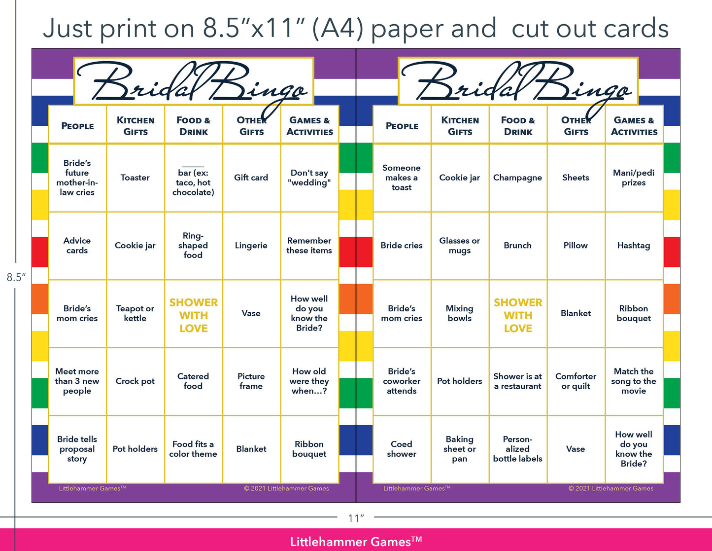 Rainbow-striped Bridal Bingo game cards with printing instructions