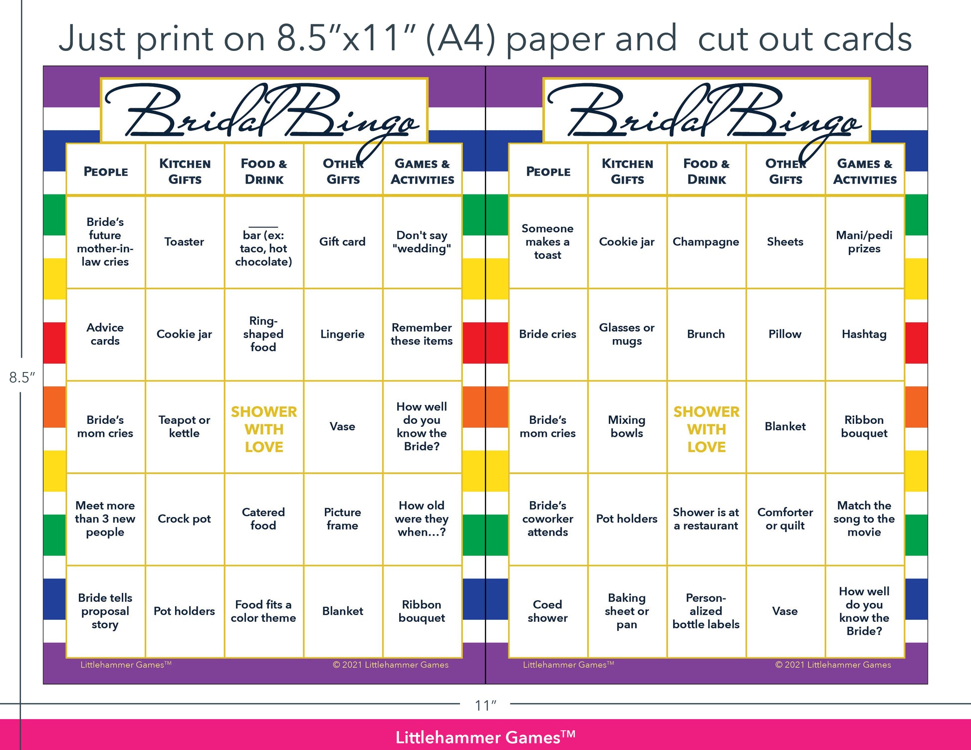 Rainbow-striped Bridal Bingo game cards with printing instructions