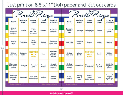 Rainbow-striped Bridal Bingo game cards with printing instructions