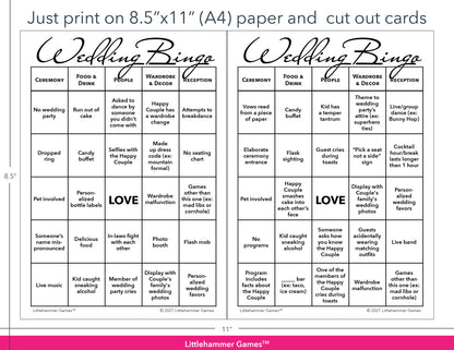 Black and white Wedding Bingo game cards with printing instructions