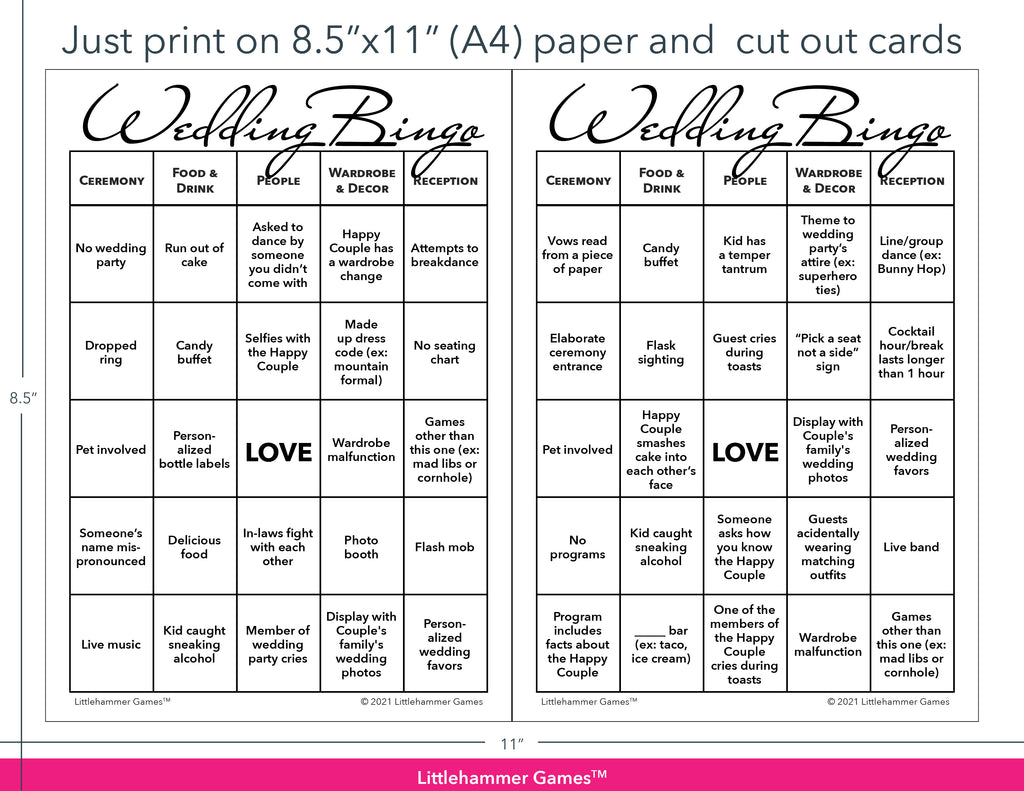 Black and white Wedding Bingo game cards with printing instructions