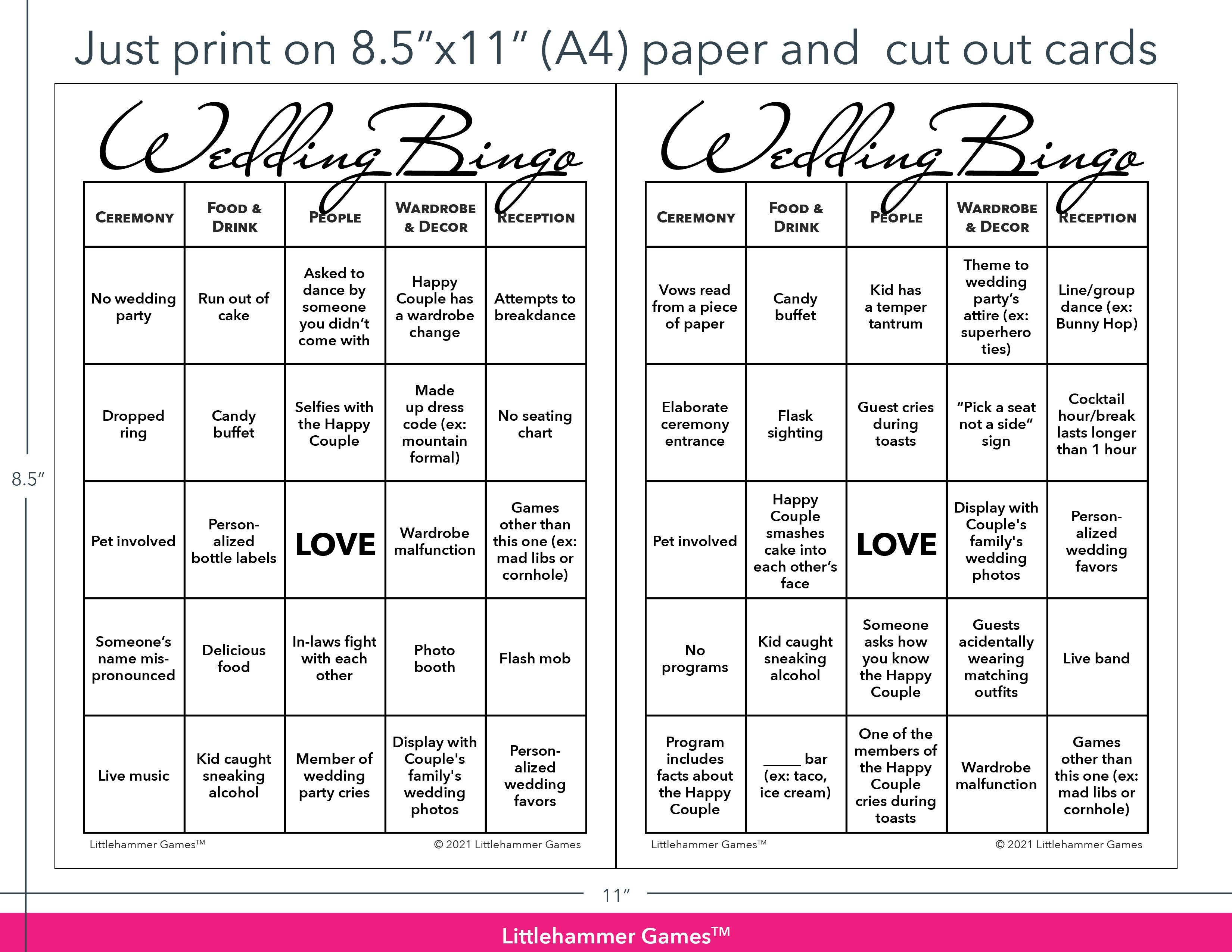 Black and white Wedding Bingo game cards with printing instructions