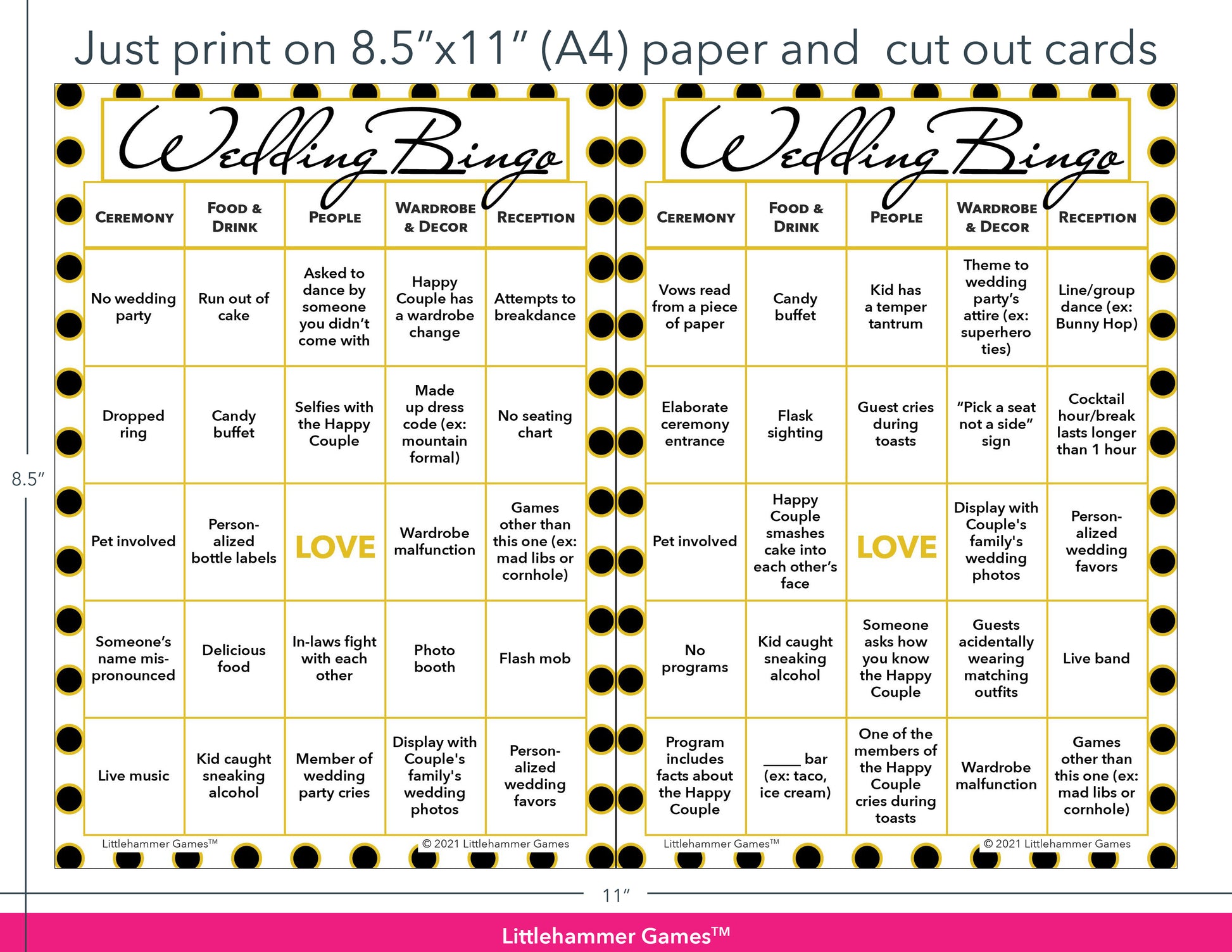 Black and gold polka dot Wedding Bingo game cards with printing instructions