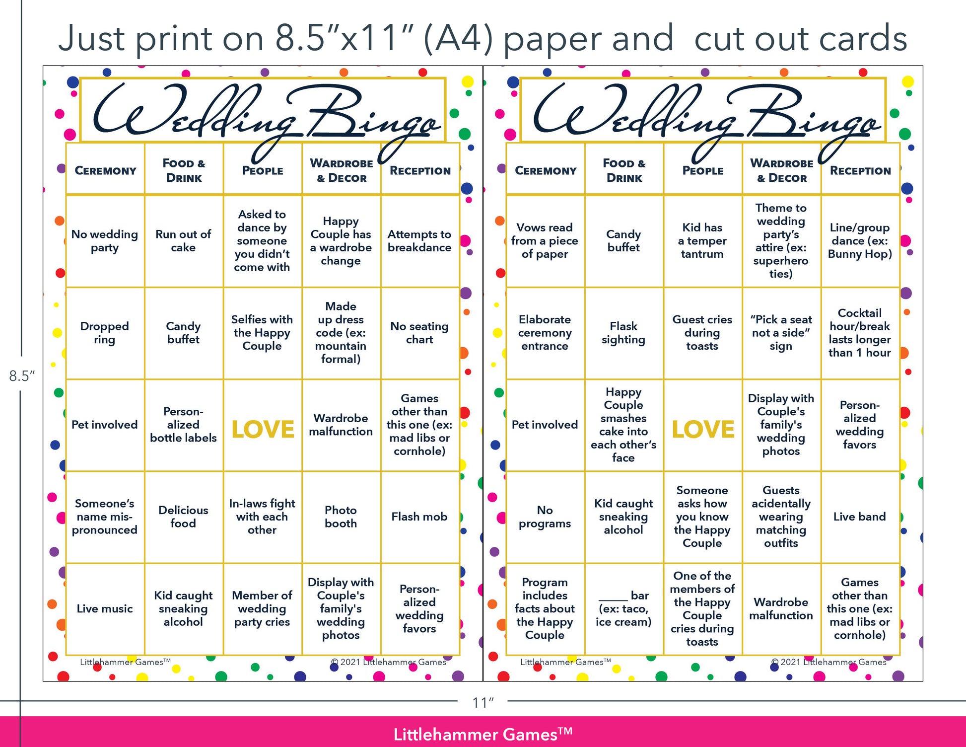 Rainbow polka dot Wedding Bingo game cards with printing instructions