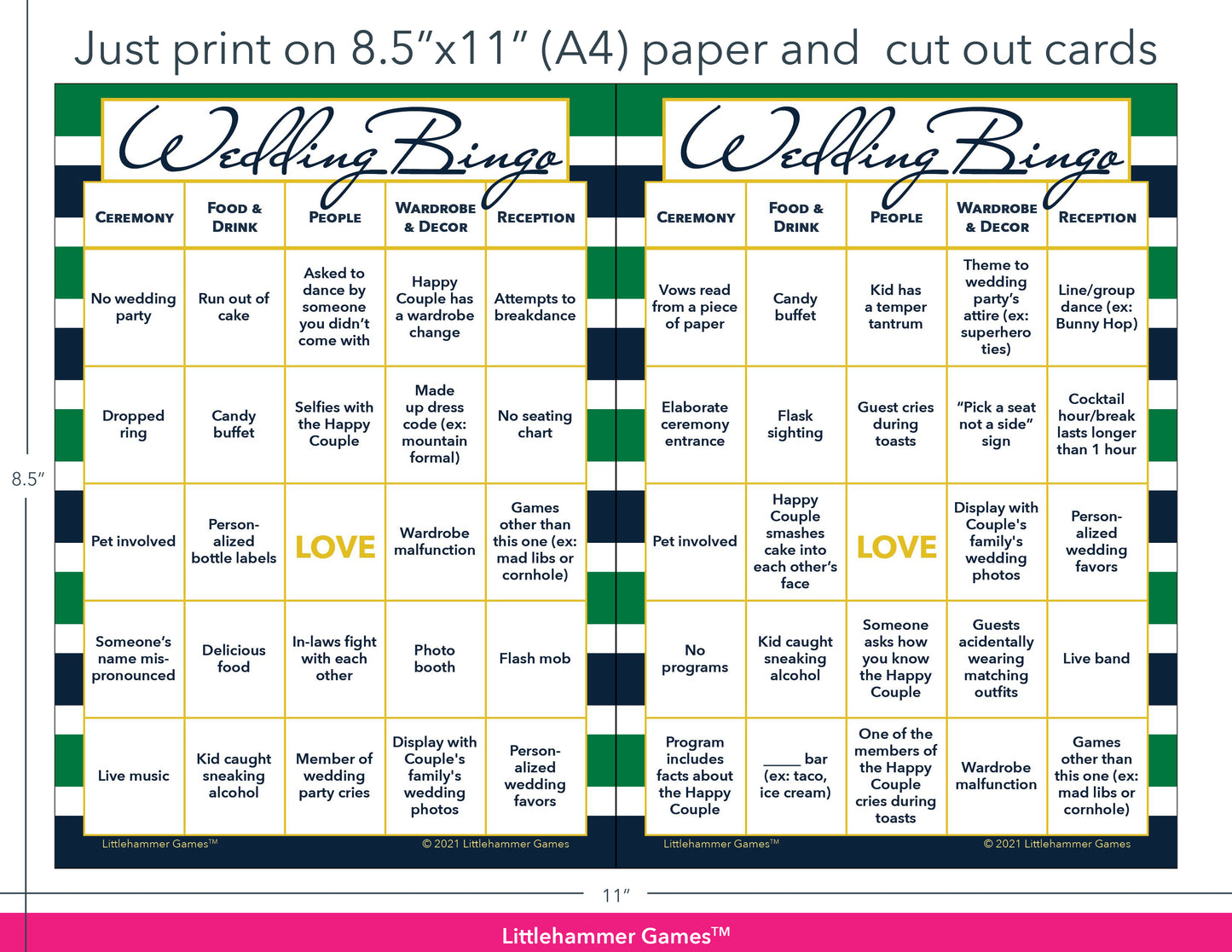 Green and navy-striped Wedding Bingo game cards with printing instructions