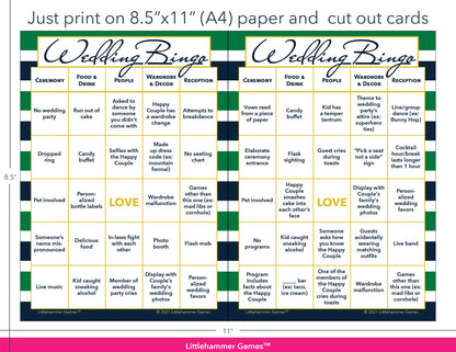 Green and navy-striped Wedding Bingo game cards with printing instructions