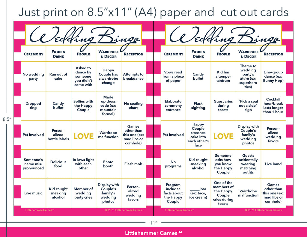 Pink-striped Wedding Bingo game cards with printing instructions
