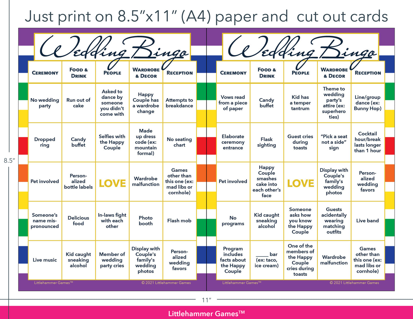 Rainbow-striped Wedding Bingo game cards with printing instructions
