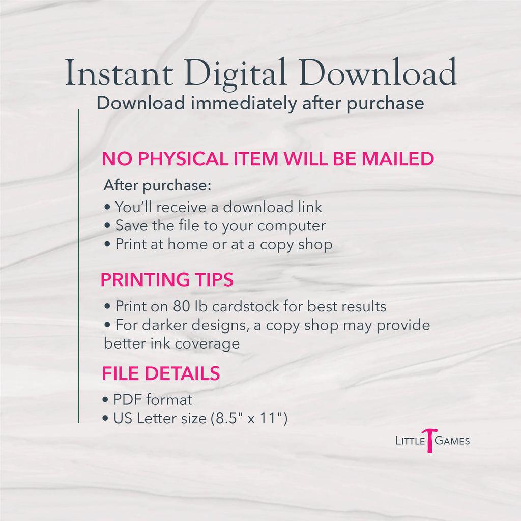 Graphic explaining instant digital download printable bachelorette party game in PDF format, US Letter size 8.5x11, with printing tips and no physical item mailed