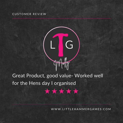 White and pink text on a slate background with a 5-star review that says "Great Product, good value- Worked well for the Hens day I organised"