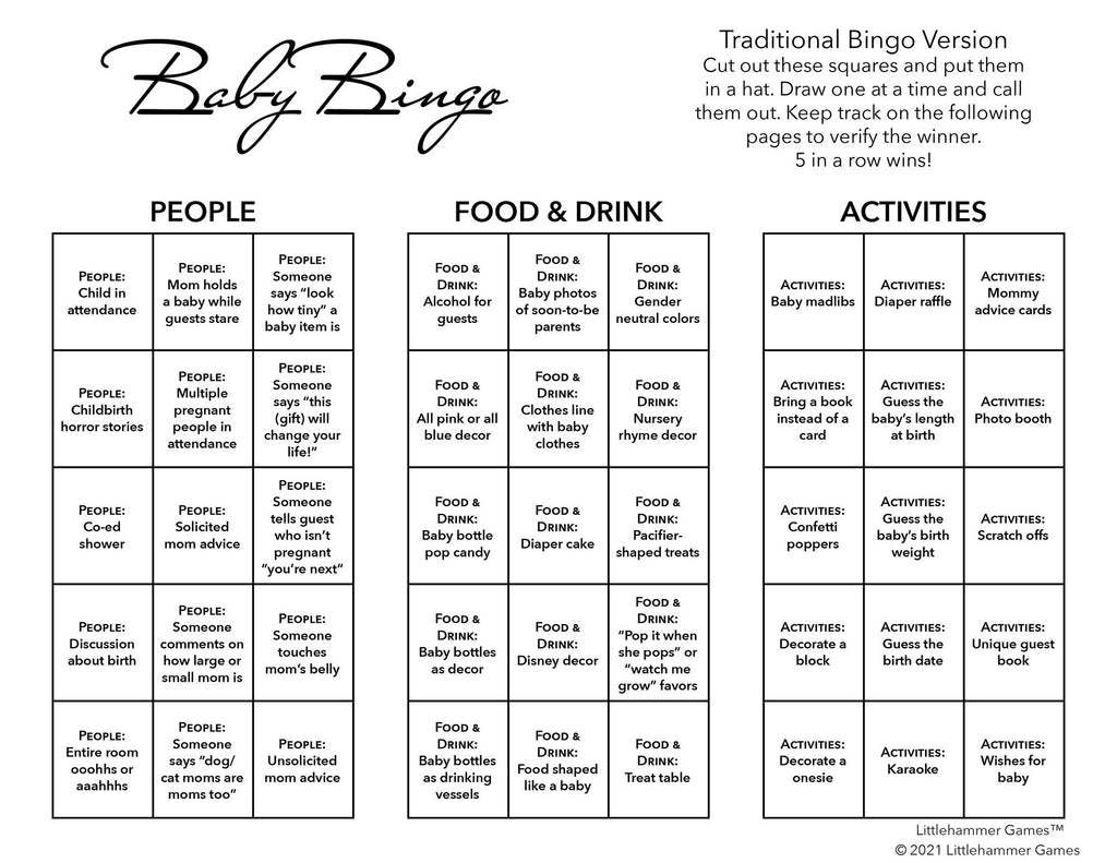 Baby Bingo calling card with with black text on a white background