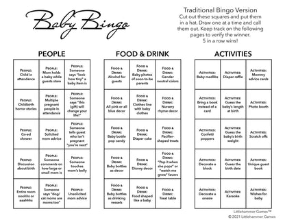 Baby Bingo calling card with with black text on a white background