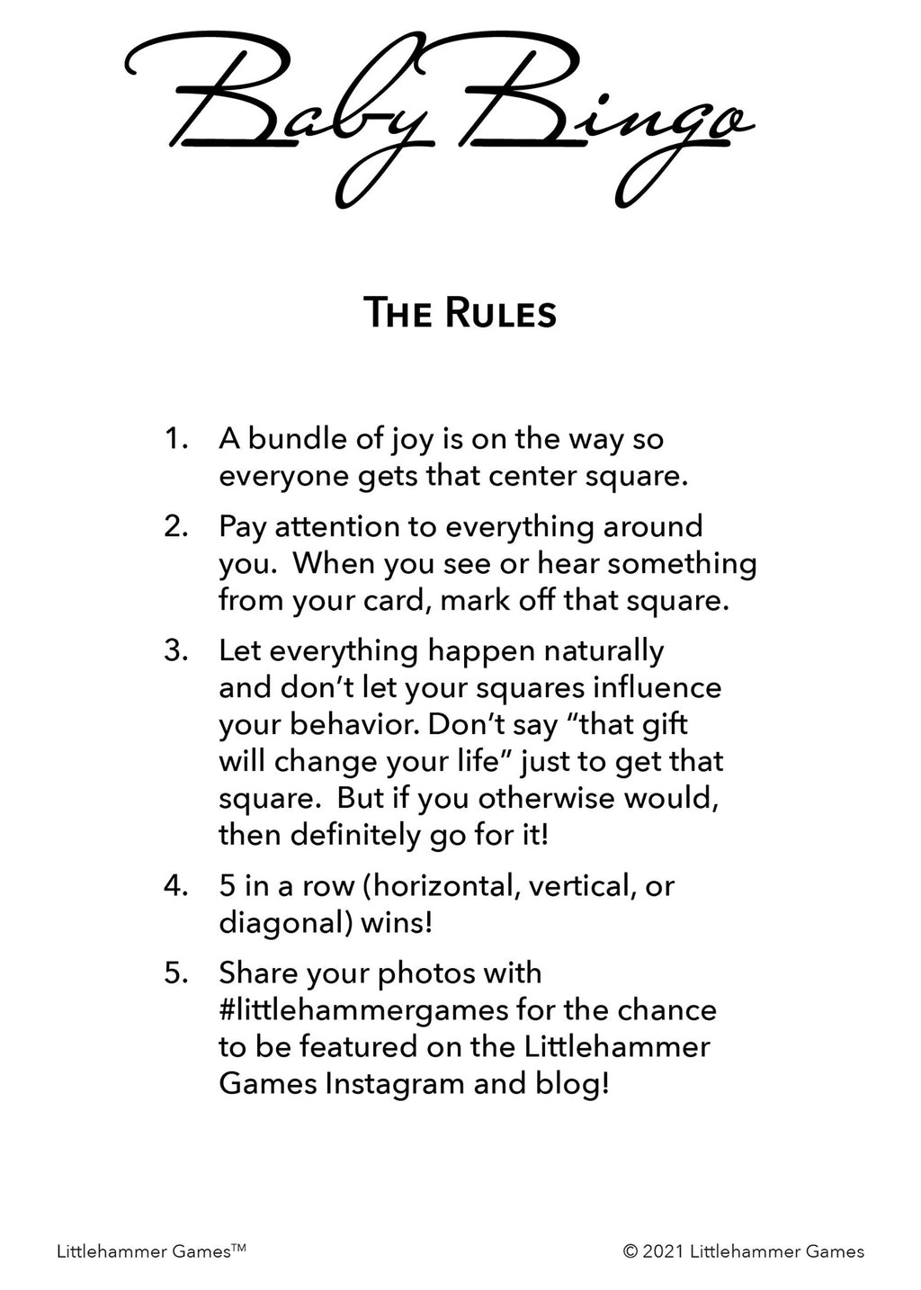 Baby Bingo rules card with black text on a white background