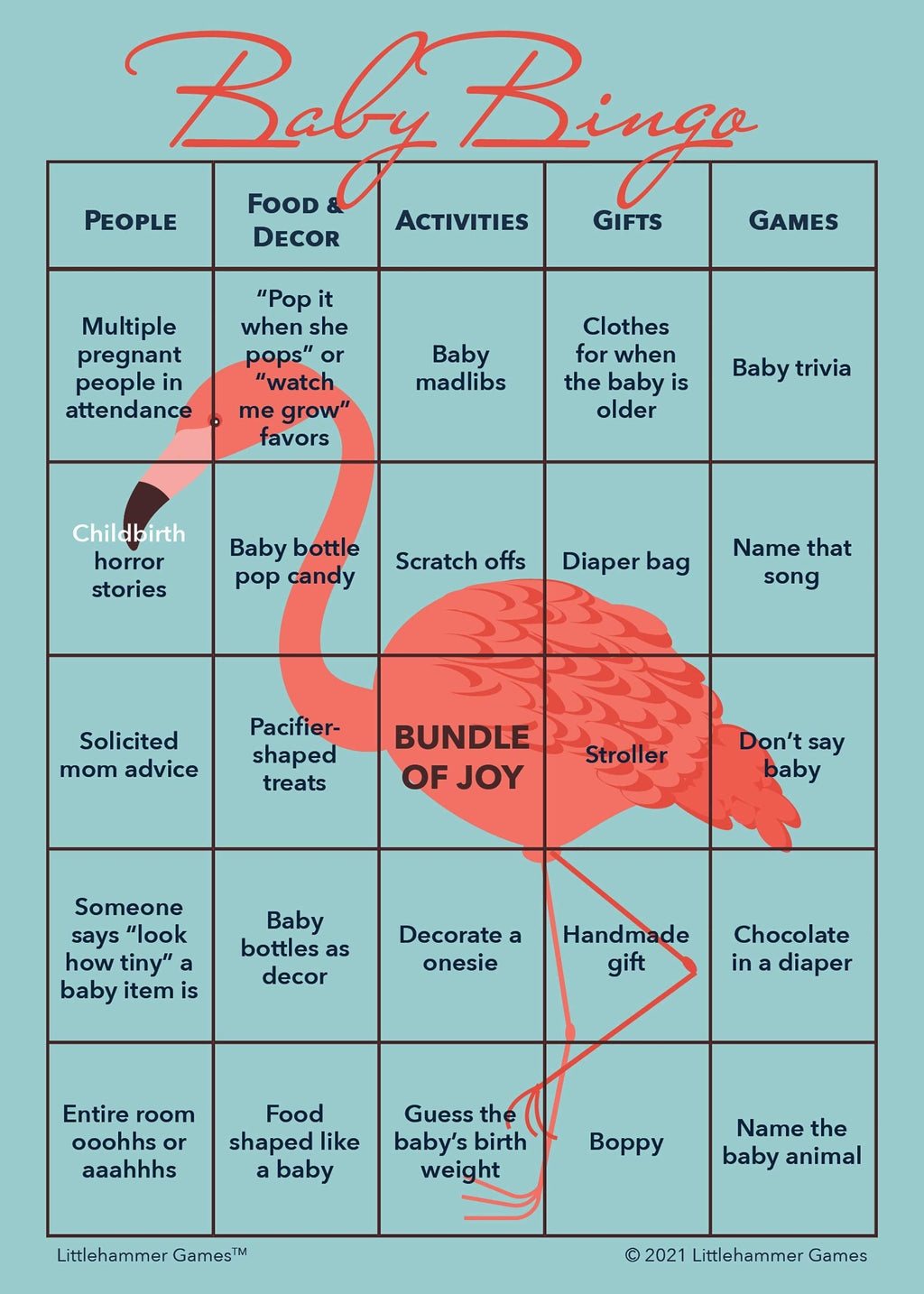 Baby Bingo game card on a flamingo background