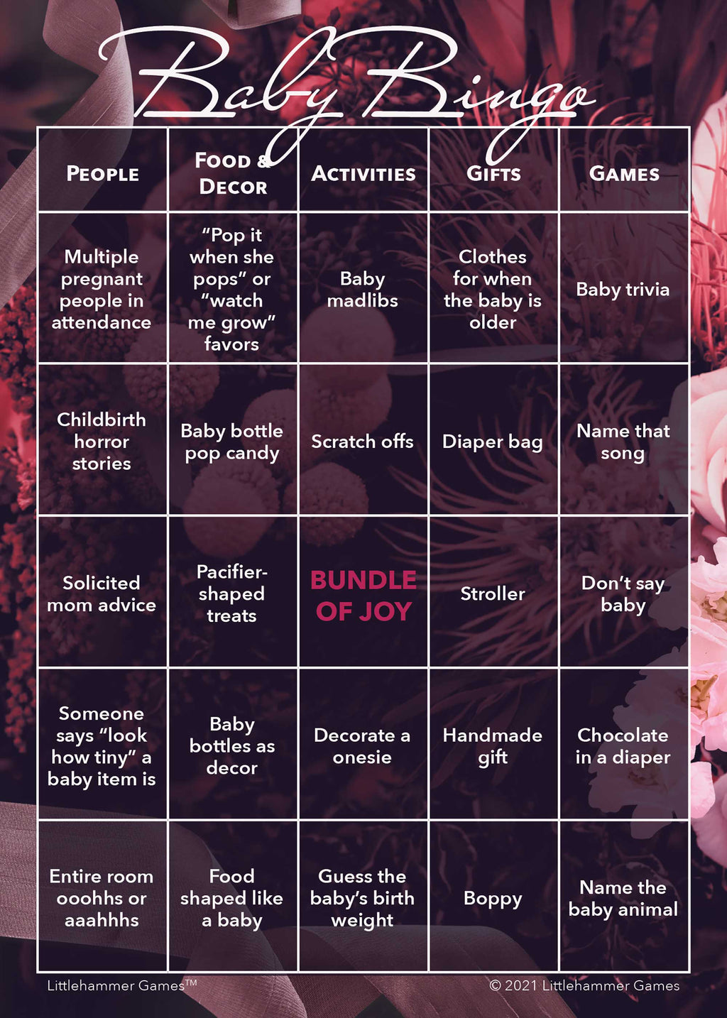 Baby Bingo game card with a dark floral background