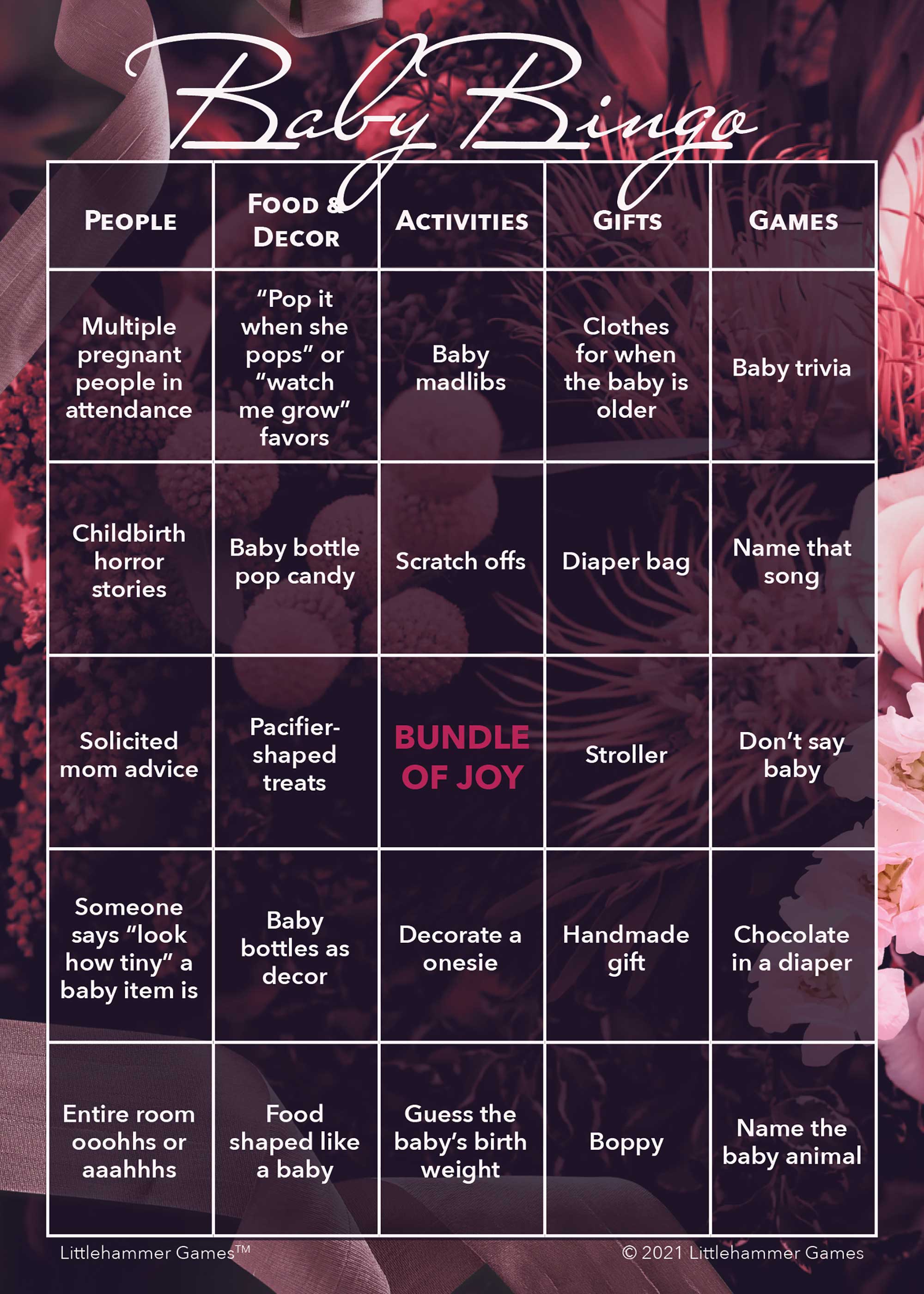 Baby Bingo game card with a dark floral background