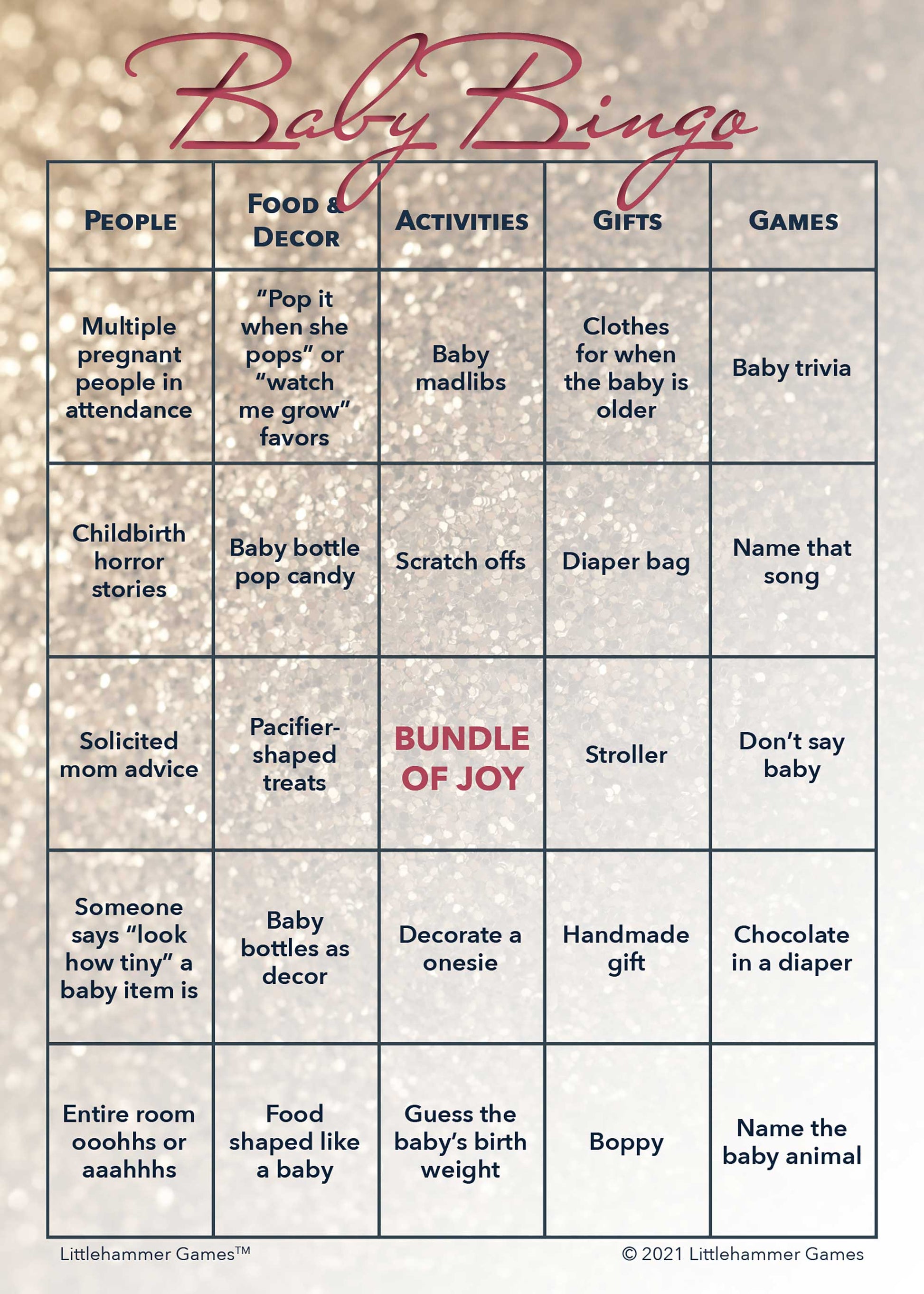 Baby Bingo game card with a glittery rose gold background