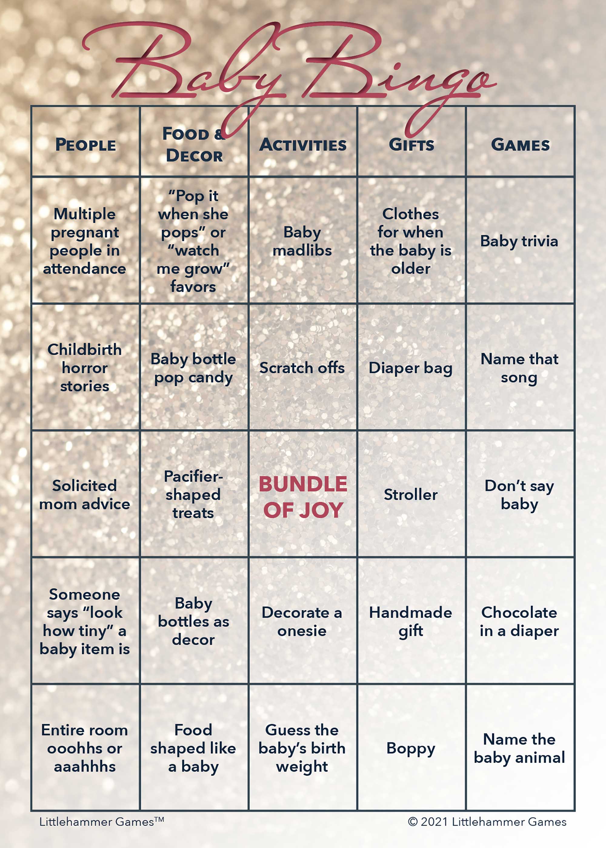 Baby Bingo game card with a glittery rose gold background
