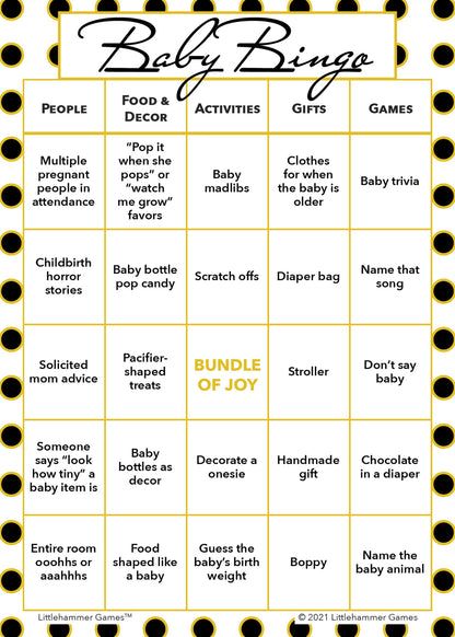 Baby Bingo game card on a black and gold polka dot background